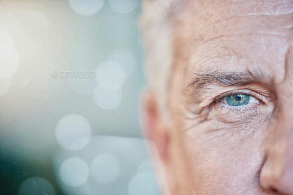 Retina, vision and mockup with blue eye of old man for focus, optometry and healthcare. Iris, human - Stock Photo - Images