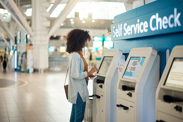 Black woman, airport and self service kiosk for check in, ticket registration or online boarding pa
