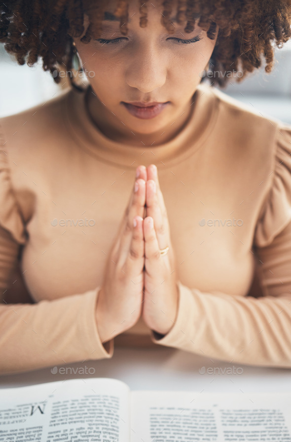 Black woman praying hands with book for religion, faith and god help, holy  support and spiritual he Stock Photo by YuriArcursPeopleimages