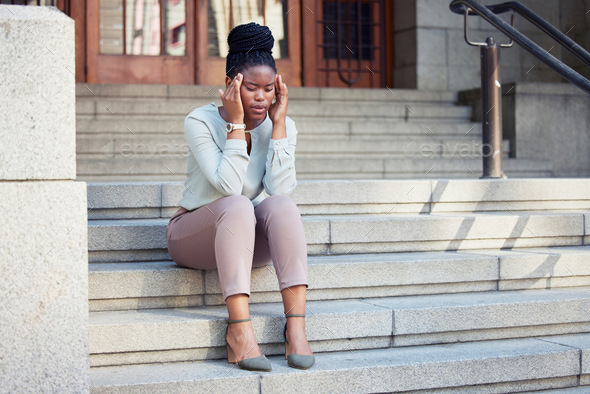 Stress, headache and black woman on steps with anxiety, panic attack and mental health problem. Cor