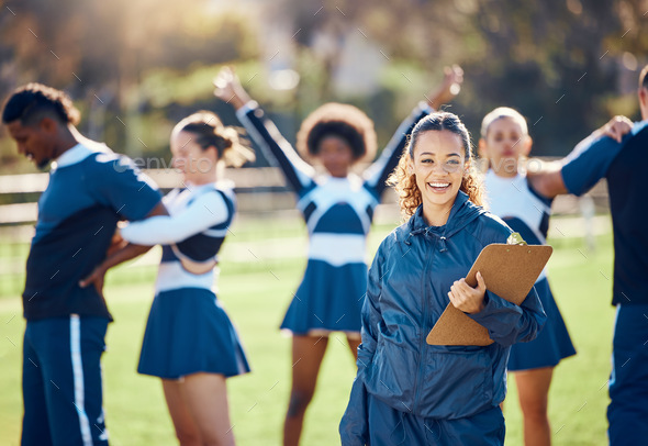 Cheerleader team, woman portrait and training coach with clipboard for practice, sports management