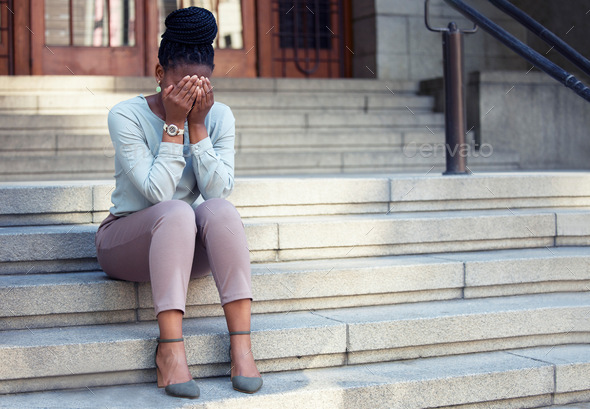 Stress, crying and black woman on steps with anxiety, panic attack or mental health problem. Corpor