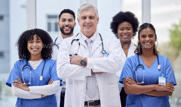 Doctors, nurses or arms crossed portrait in hospital diversity, about ...