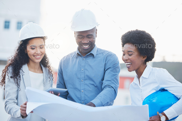 Engineering, blueprint or funny team on construction site with a blueprint for real estate developm