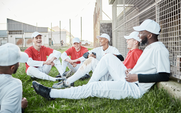 Baseball team, sport conversation and men talking on a stadium field with sports break. Diversity, - Stock Photo - Images