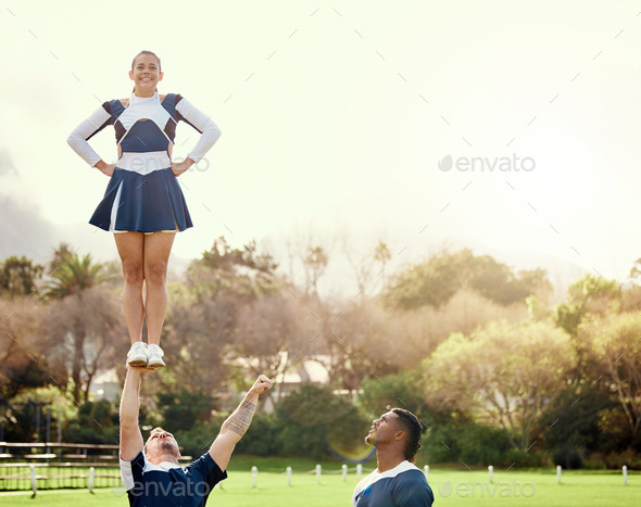 Cheerleader, people on team outdoor and athlete group with fitness, uniform and cheerleading routin