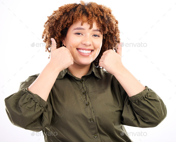 Thumbs up, black woman smile and portrait of young model in isolated ...