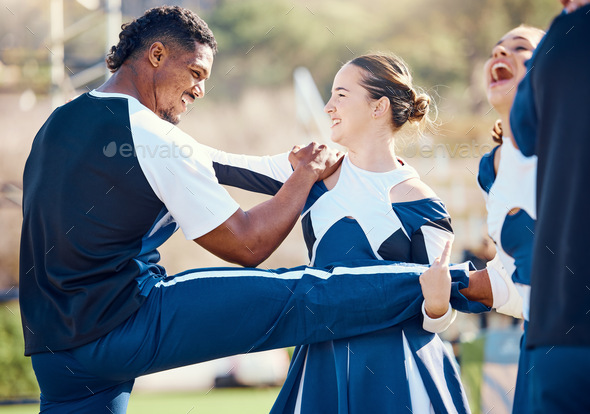 Cheerleader, team sport and stretching outdoor for fitness, training and warm up workout for group. - Stock Photo - Images