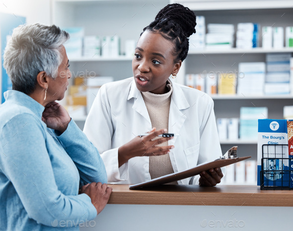 Pharmacy, medical or insurance with a customer and black woman ...