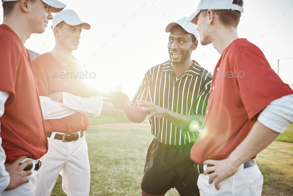 Baseball, coach a strategy with a team outdoor on a field, talking tactics together during sports.
