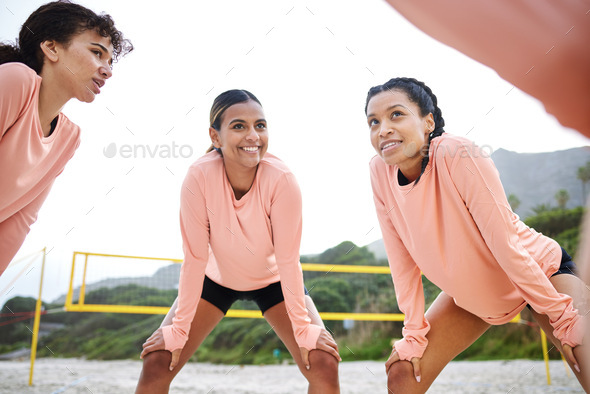 Volleyball Huddle Sport Women And Smile On The Beach Before Game