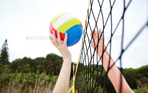 Hands, fitness and beach net volleyball with woman scoring goals