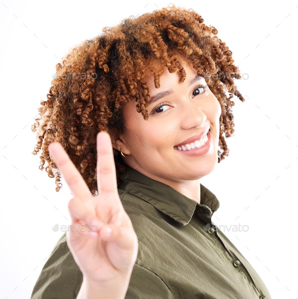 Peace, sign and portrait of black woman excited, confident and happy ...