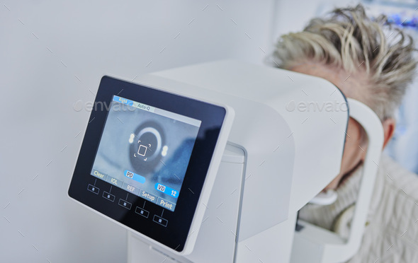 Optometry, machine and woman with vision test, eye correction and retina consultation. Healthcare, - Stock Photo - Images