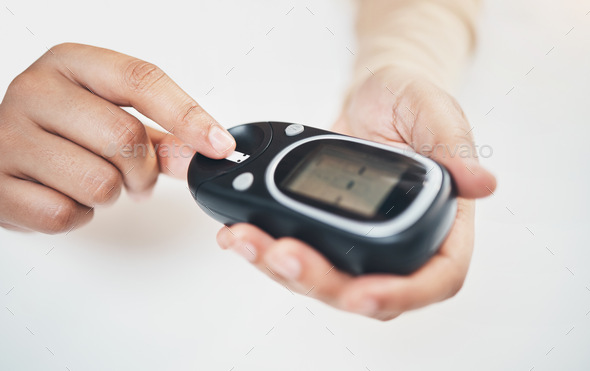 Diabetes, blood test and medical with finger of woman for insulin level, monitoring and glucose che