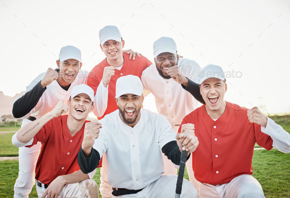 Baseball players, portrait or winner success on field, game or match fist in diversity fitness, exe