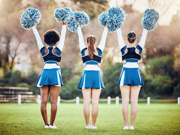 Cheerleader, teen girl team and cheers outdoor, athlete group and ...