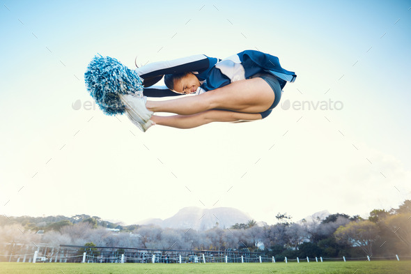 Cheerleader woman, jump and sports outdoor on blue sky for performance, energy and celebration. Che