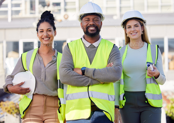 Architect, leader and black man construction worker, team smile in ...