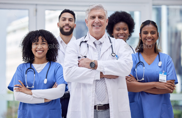 Doctors, nurses and arms crossed portrait in diversity hospital, about ...