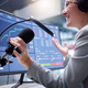 Stock market podcast, woman with microphone and live streaming of web growth with radio presenter. - PhotoDune Item for Sale
