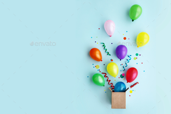 Birthday party flat lay with balloons - Stock Photo - Images