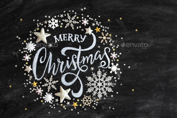 Merry Christmas chalkboard flatlay - Stock Photo - Images