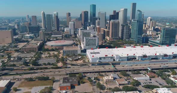 Aerial view of downtown Houston and surrounding landscape. This video was filmed in 4k for best imag alt