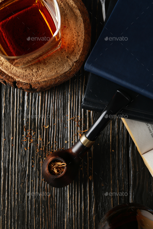 Concept of relaxing, smoking pipe, top view Stock Photo by