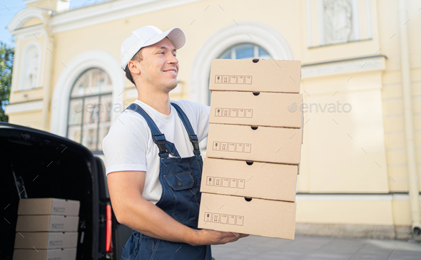 The driver is a courier employee food delivery home. Small business logistics delivery at any time.
