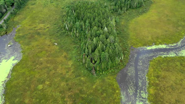 Aerial flying over the dark calm waters of Shirley Bog in the Maine countryside and tilting up to a alt