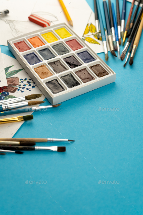 Watercolor Palette Paints Paint Brush Stock Illustration