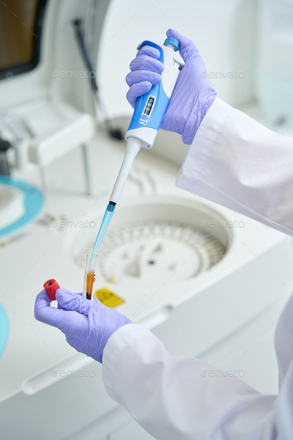 Laboratory assistant collects biomaterial from test tube with special pipette