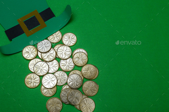 Leprechaun hat and golden coins  - Stock Photo - Images