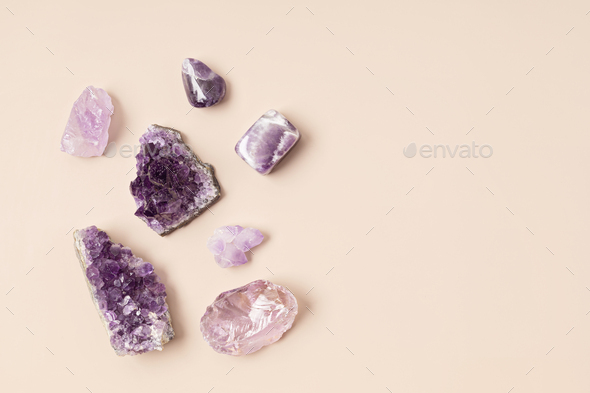 Healing reiki chakra crystals therapy. Alternative rituals with amethyst and rose quartz - Stock Photo - Images
