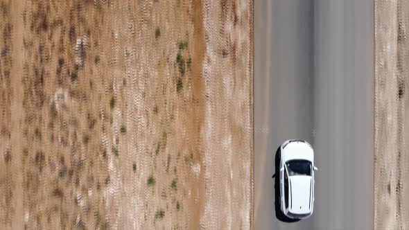 Aircraft Is Moving High Above the White Car. The Car Goes To the Steppe. The Camera Moves Backwards alt