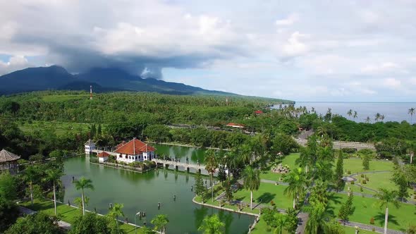 Aerial View of Bali Ujung Water Palace near Mount Agung, Bali, Indonesia