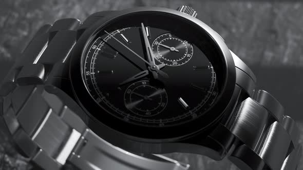 Studio animation of stainless steel luxury watch. Moving light source.