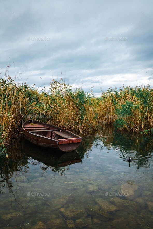 Vertical shot of an old wooden boat in a small lake on a cloudy
