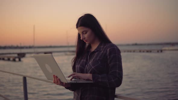 Attractive Freelancer Woman Walking with Laptop Outdoor Remote Online Working