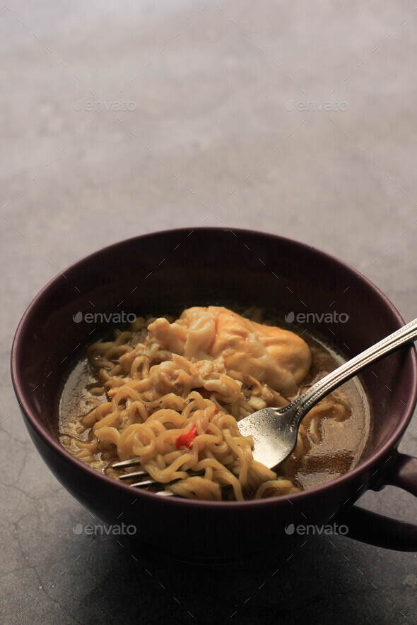 Indonesian Instant Noodles (Junk Food) with Cut Chillies Stock Photo by