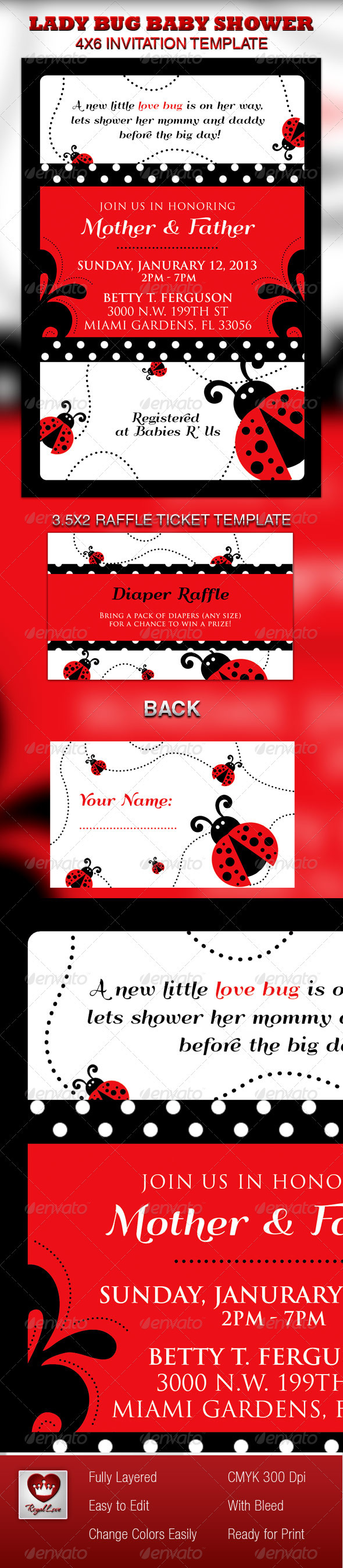 Lady Bug Baby Shower Invitation & Raffle Ticket - Invitations Cards & Invites