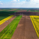 Aerial shot of transmission towers electricity pylons with power lines in cultivated field - PhotoDune Item for Sale