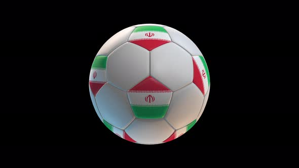 Soccer ball with flag Iran, on black background loop alpha