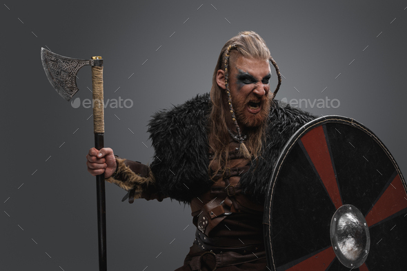 Attacking viking barbarian with rounded shield and axe Stock Photo by ...