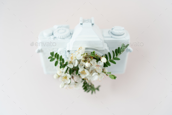 White colored camera lens photo camera with flowers - Stock Photo - Images
