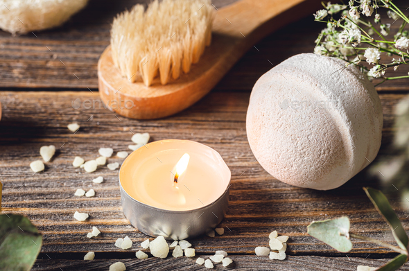 Spa bath with flowers, candles and tray, Stock image