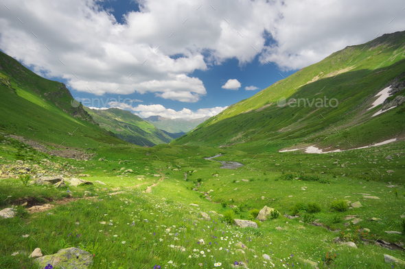 Green summer mountain valley at day. - Stock Photo - Images