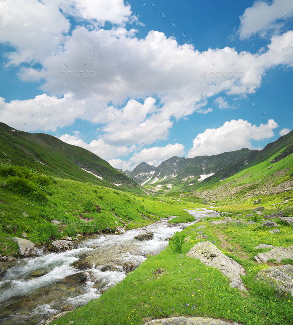 River panorama in mountain valley. - Stock Photo - Images