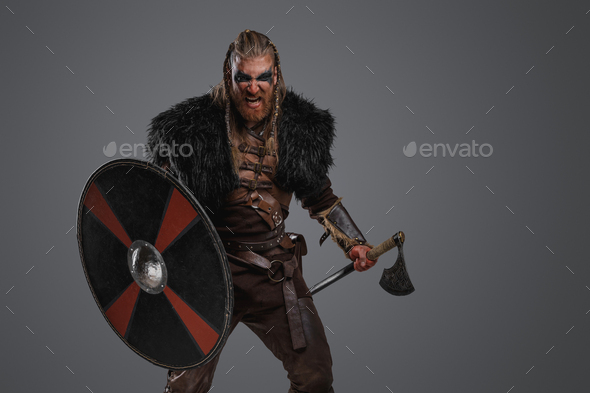 Violent northern warrior with shield and hatchet dressed in fur Stock ...